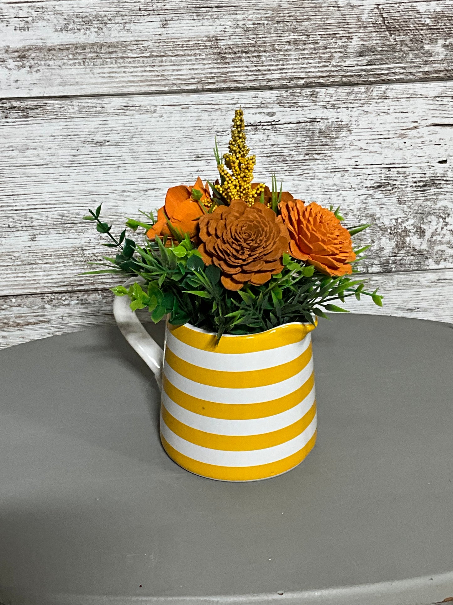 Honey Bee Striped Pitcher Wooden Flowers | Yellow Farmhouse Decor | Kitchen