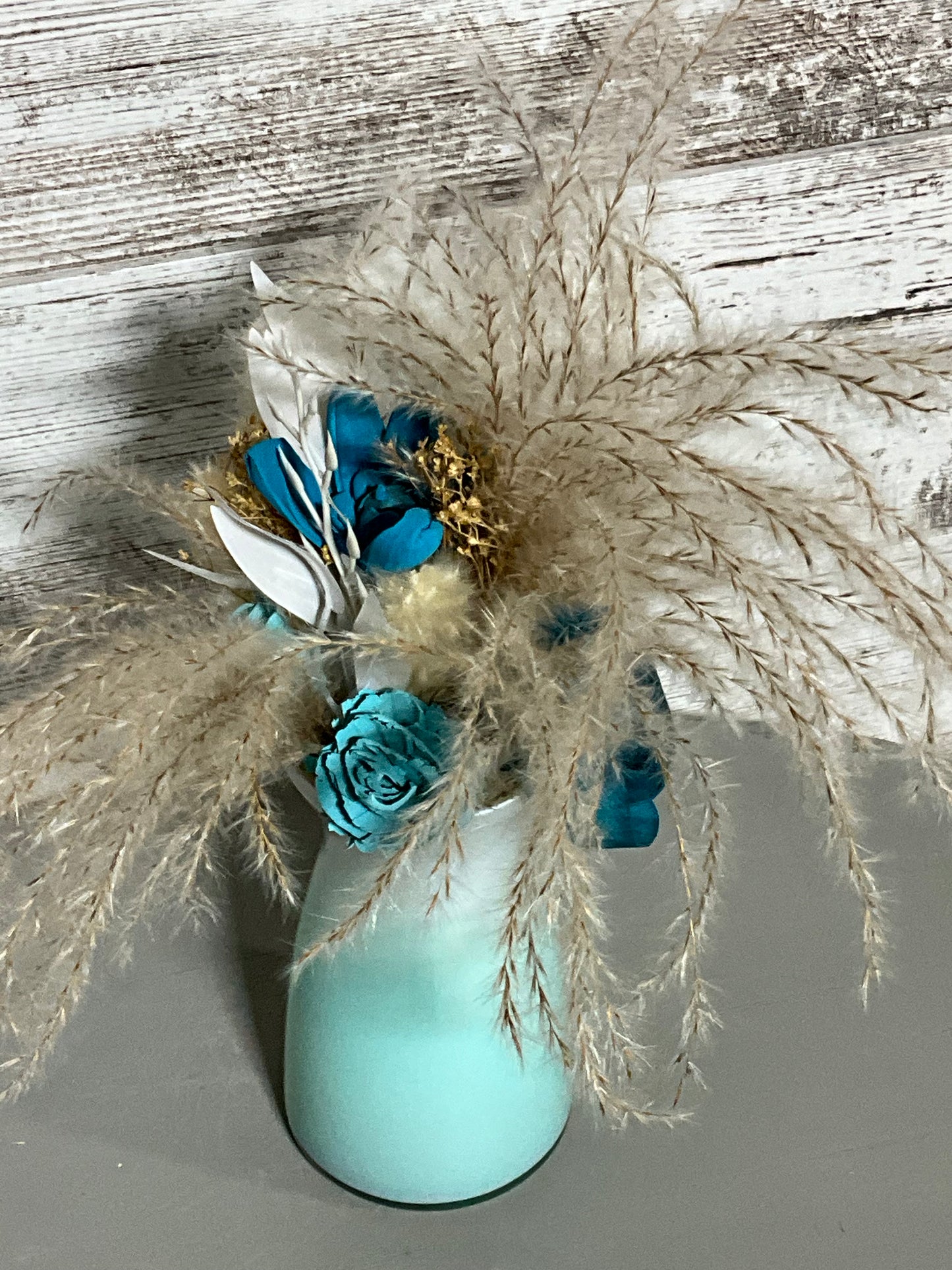 Coastal Blue Wooden Flower Arrangement | Sage Green Vase | Pampas Grass Decor