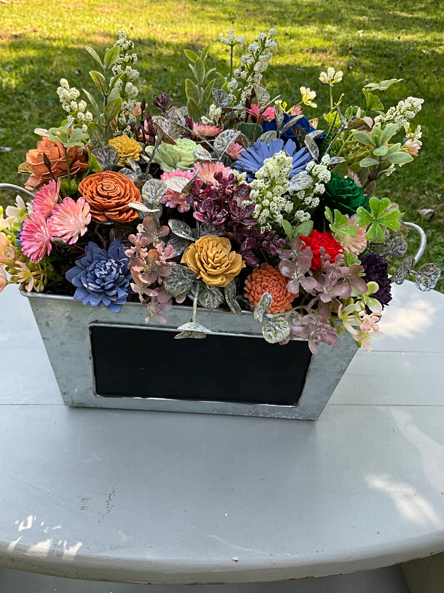 Rustic Bloom Wooden Flower Arrangement – Chalkboard Planter