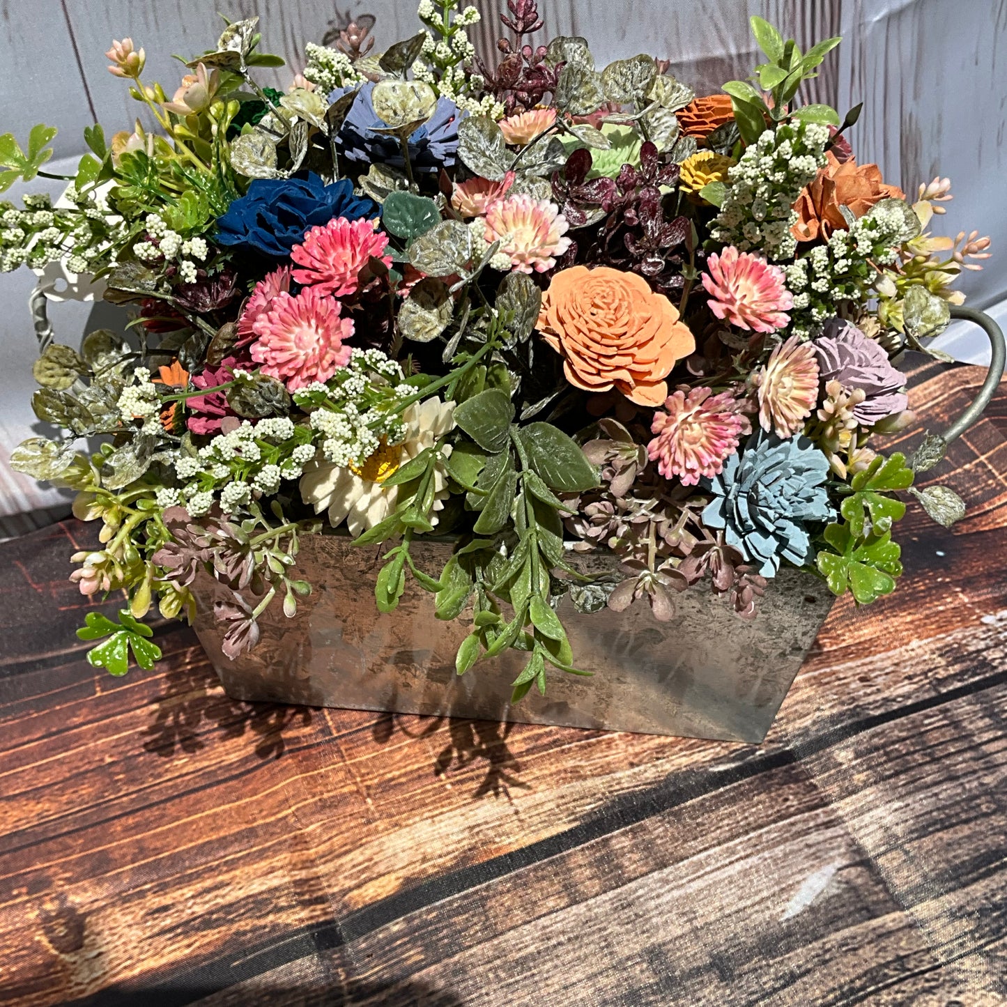 Rustic Bloom Wooden Flower Arrangement – Chalkboard Planter