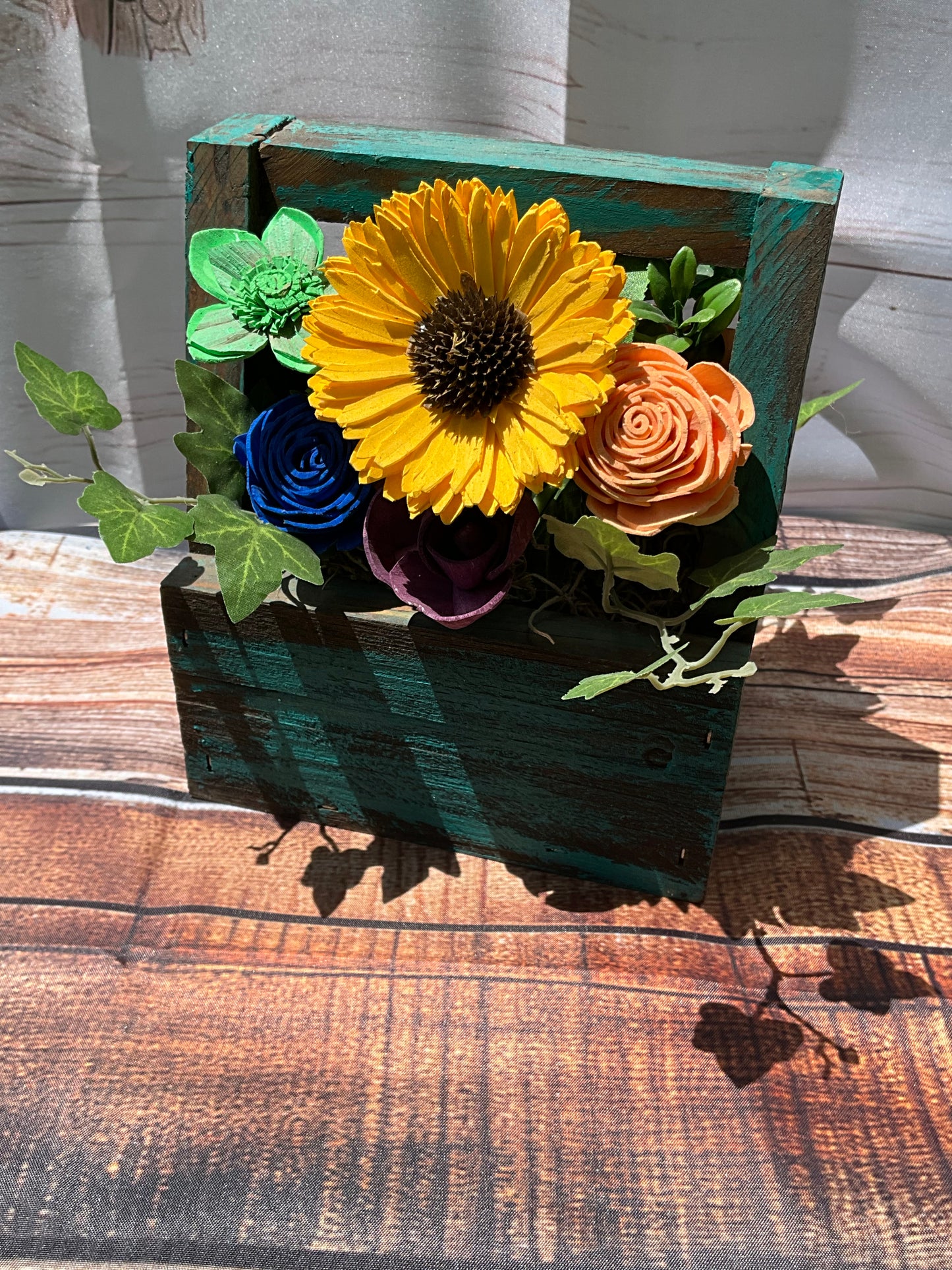 Rustic Wooden Floral Caddy Arrangement — Sunflower & Sola Wood Flowers