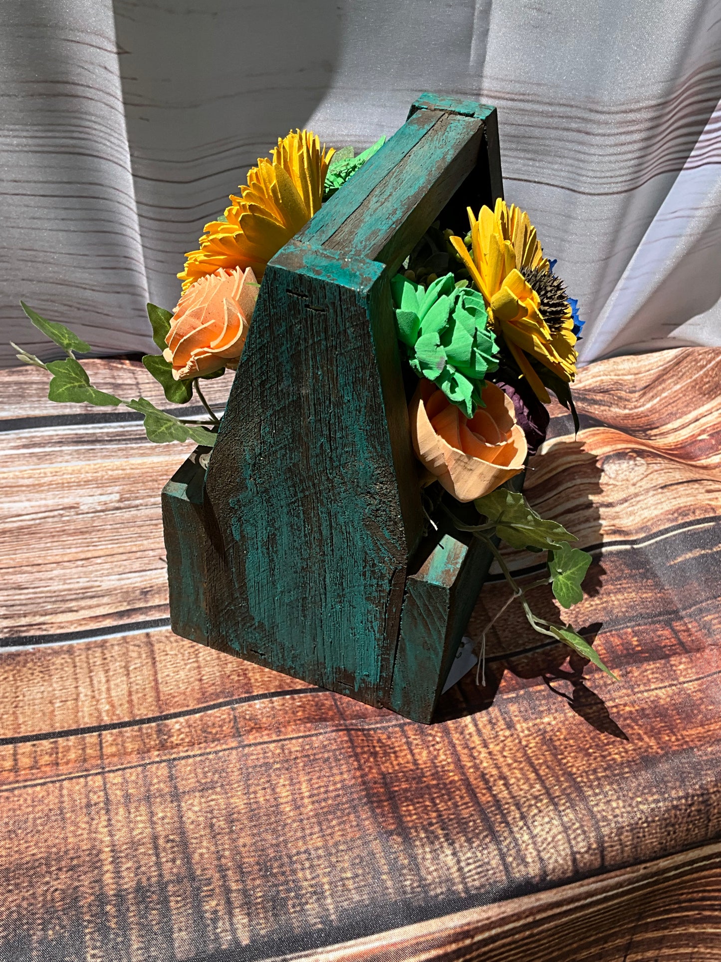 Rustic Wooden Floral Caddy Arrangement — Sunflower & Sola Wood Flowers