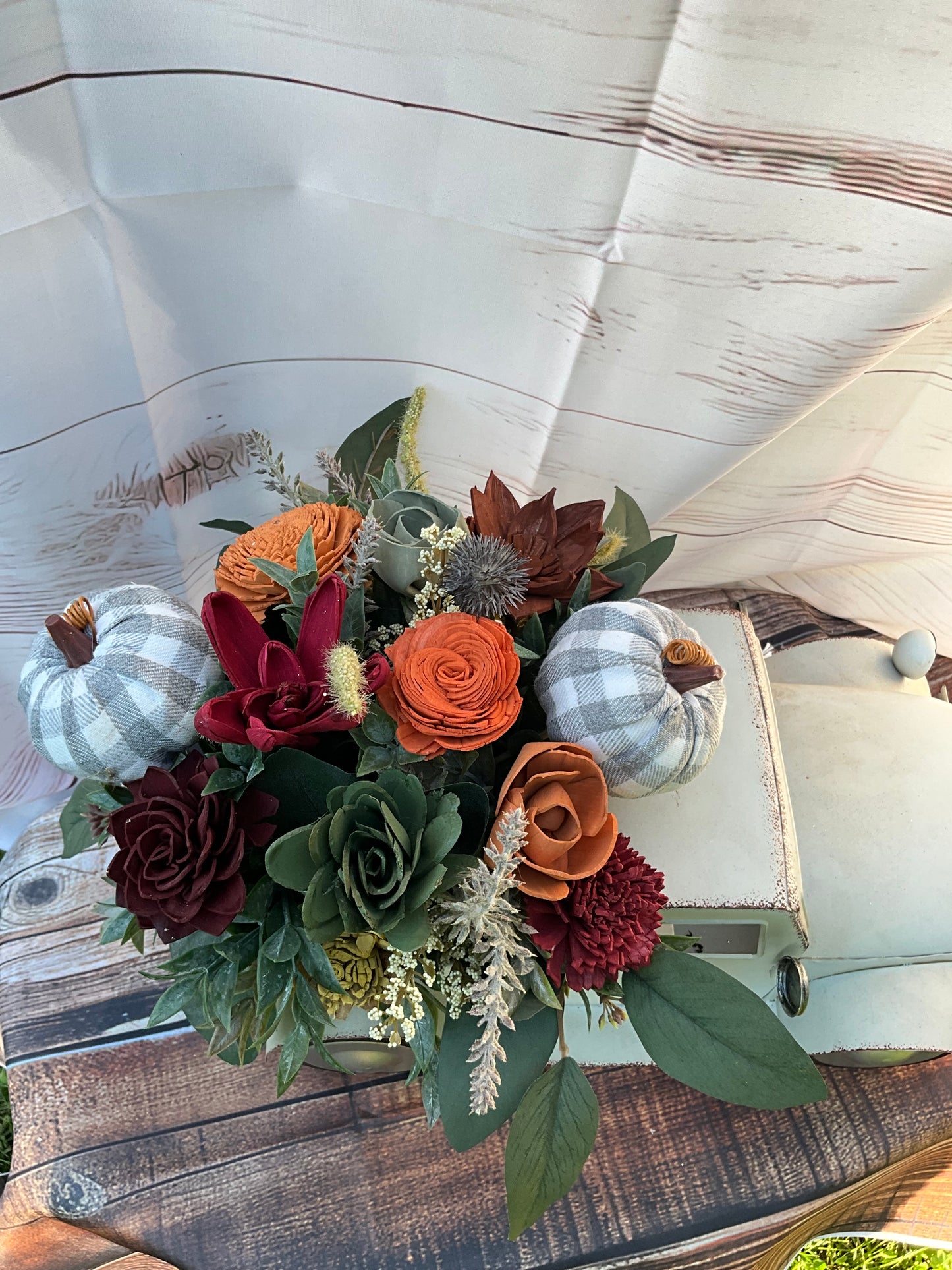 Vintage White Farm Truck with Fall Sola Wood Flowers