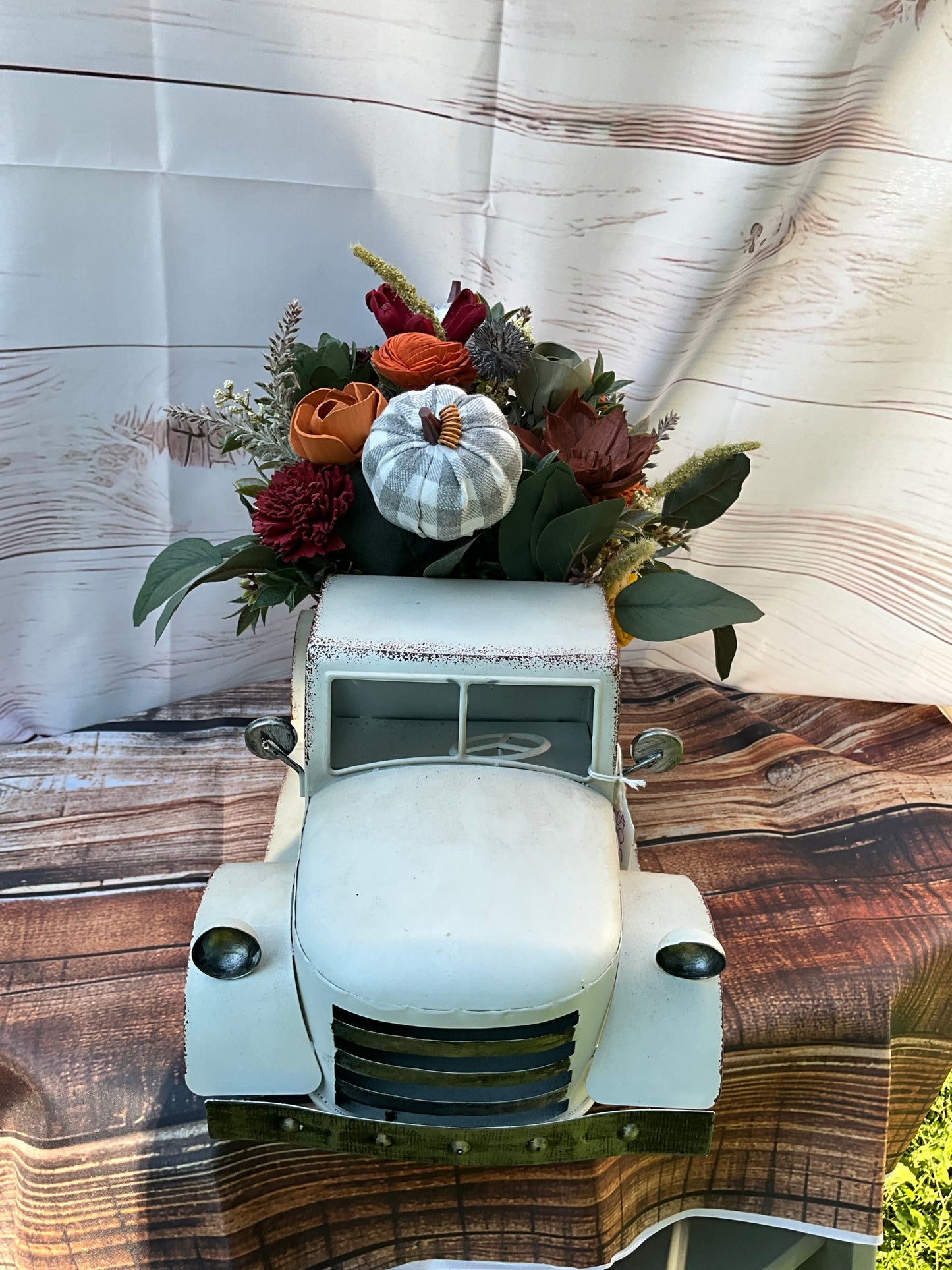 Vintage White Farm Truck with Fall Sola Wood Flowers
