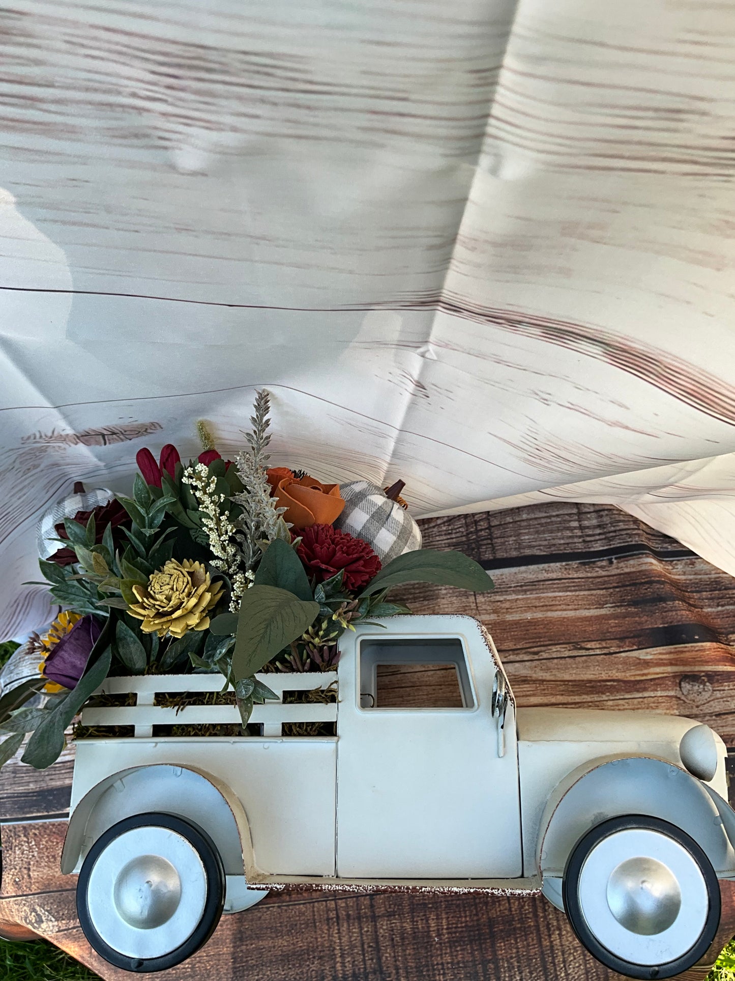 Vintage White Farm Truck with Fall Sola Wood Flowers