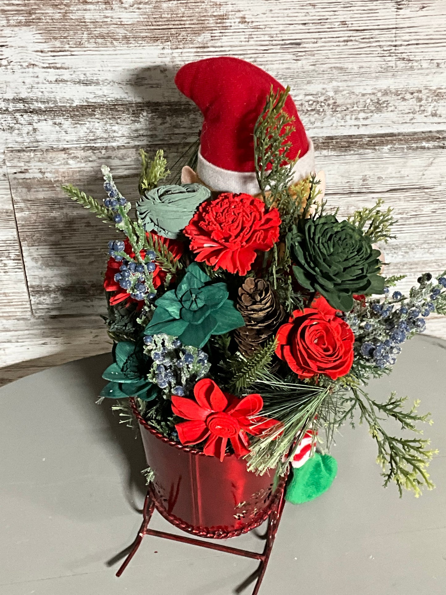 Elf in Sleigh – Christmas Sola Wood Floral Arrangement