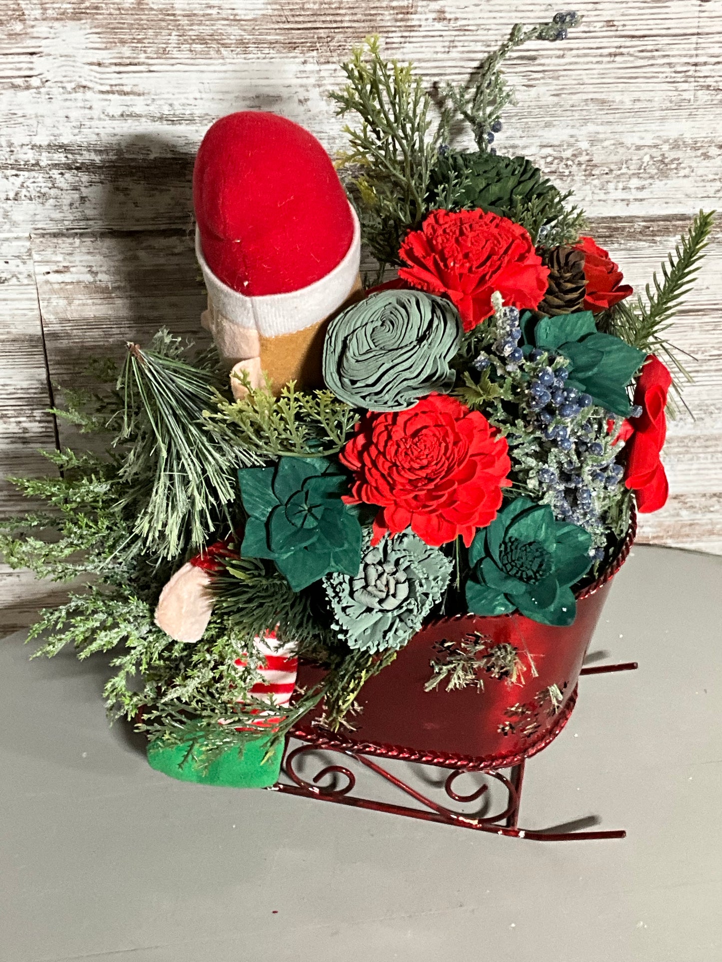 Elf in Sleigh – Christmas Sola Wood Floral Arrangement