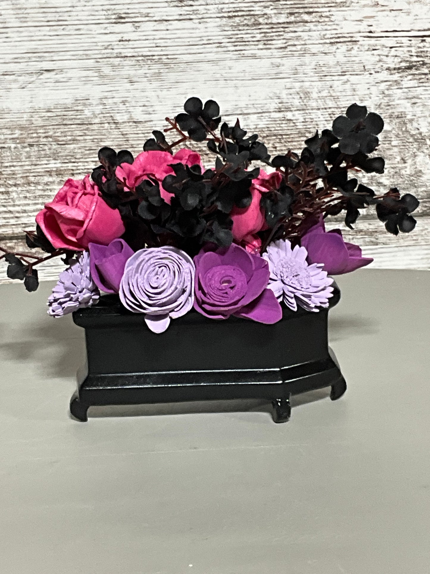 Handcrafted Purple & Pink Wooden Flower Arrangement - Elegant Black Ornate Planter