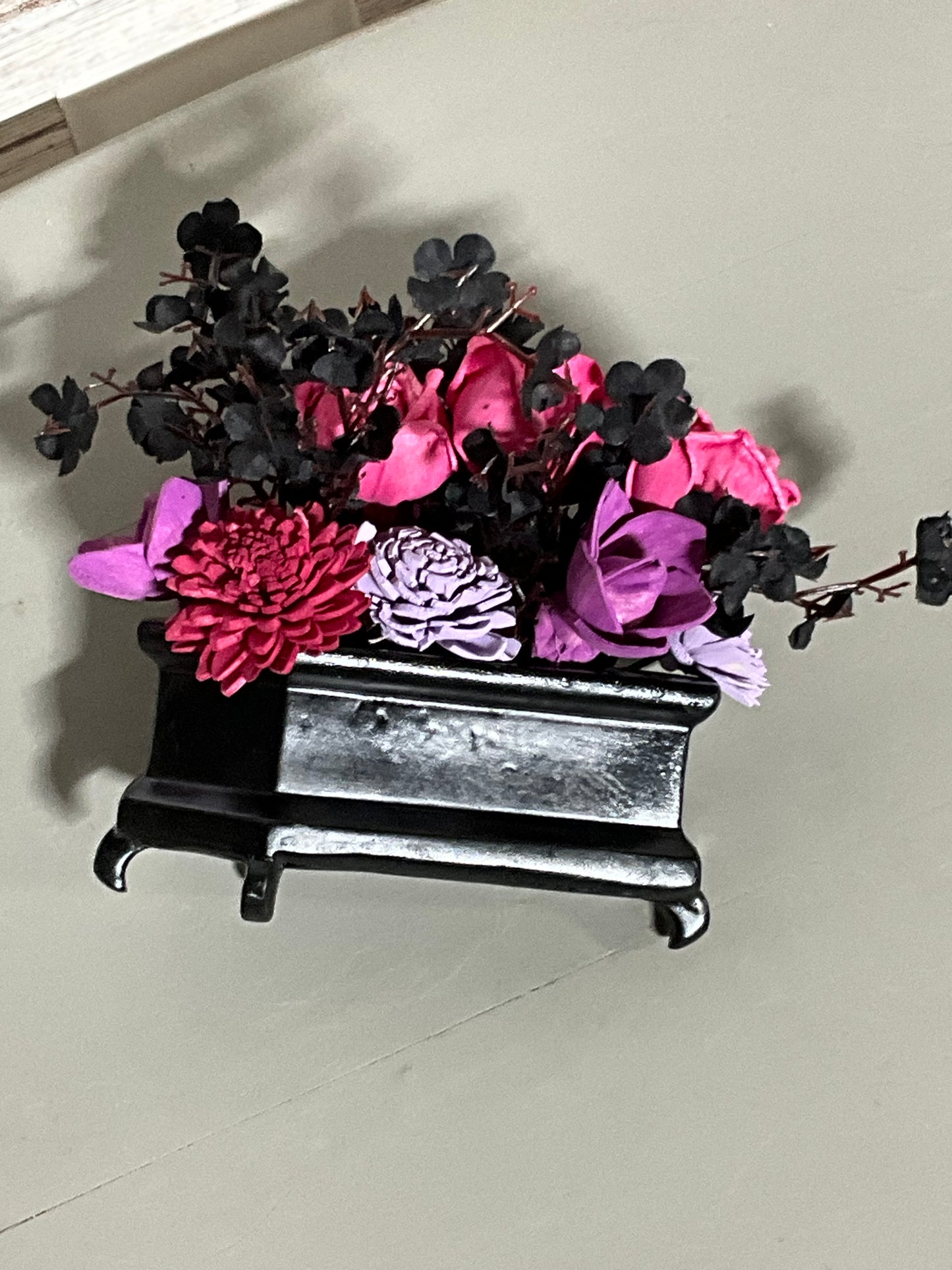 Handcrafted Purple & Pink Wooden Flower Arrangement - Elegant Black Ornate Planter