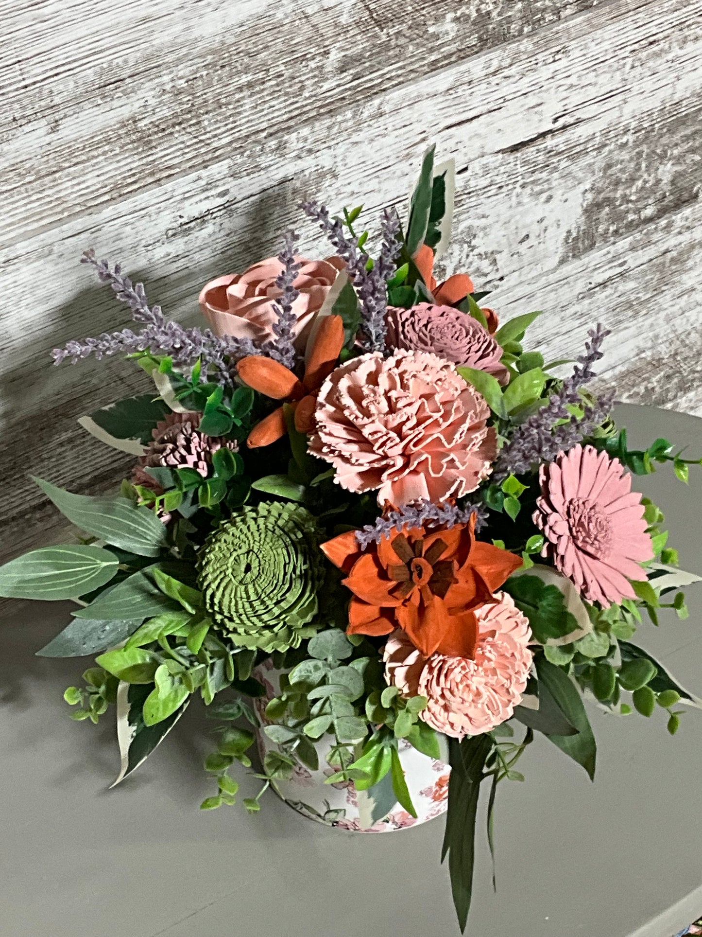 Dusty Rose & Lavender Wooden Floral Arrangement in Vintage Floral Vase - Premium Sola Flowers