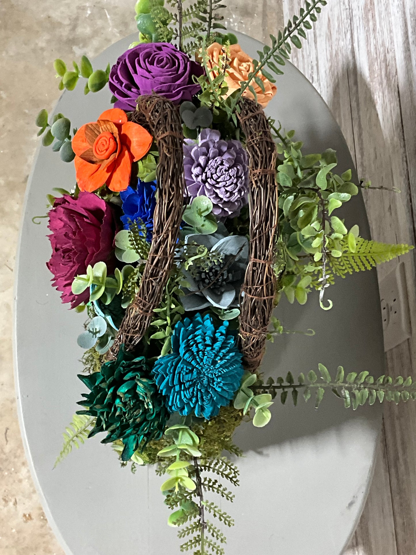 Rainbow Garden Moss Basket Wooden Floral Arrangement - Vibrant Sola Flowers with Natural Moss Base