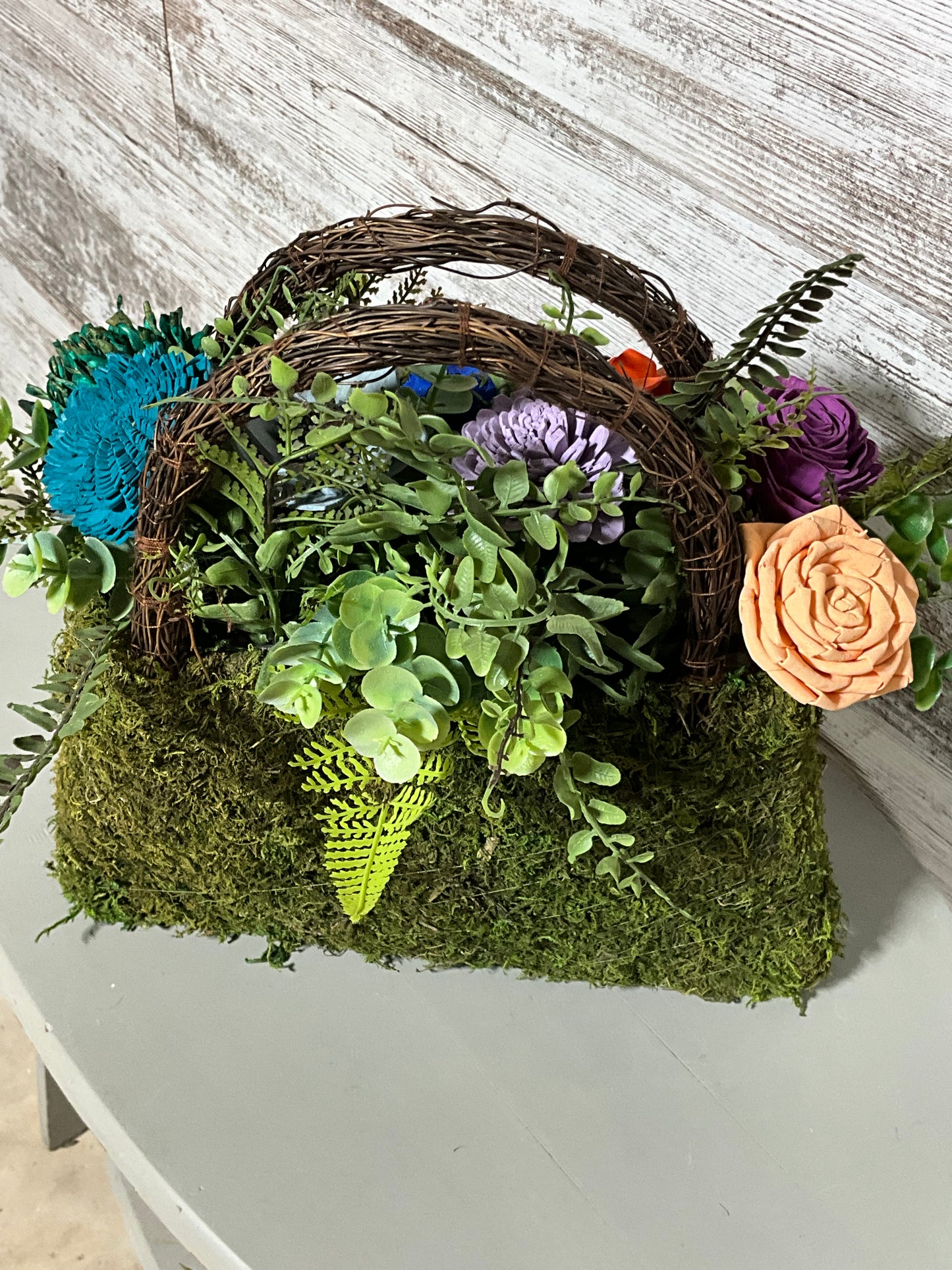Rainbow Garden Moss Basket Wooden Floral Arrangement - Vibrant Sola Flowers with Natural Moss Base