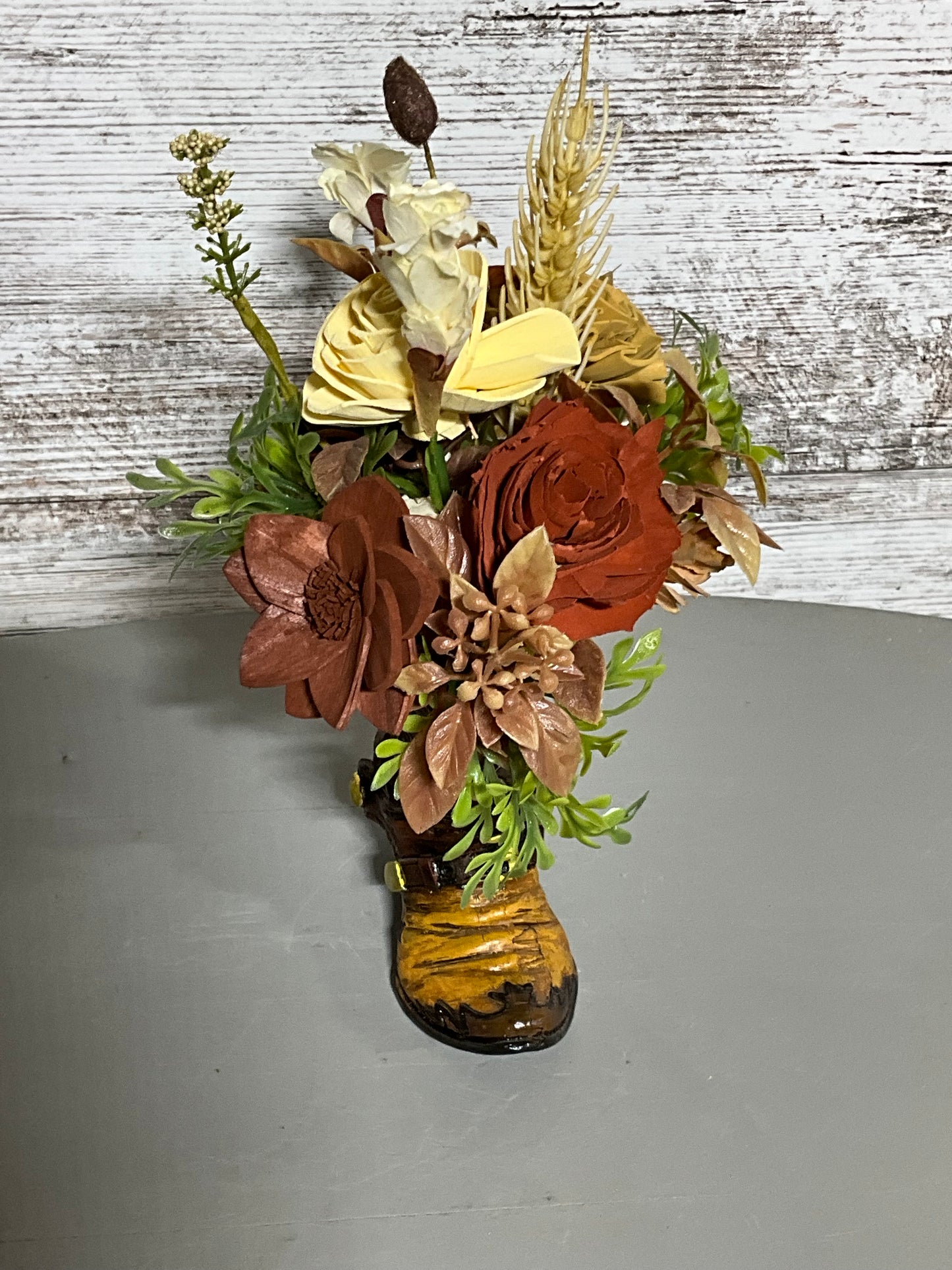 Western Cowboy Boot Wood Flower Arrangement - Handcrafted Wooden Blooms in Decorative Boot Vase