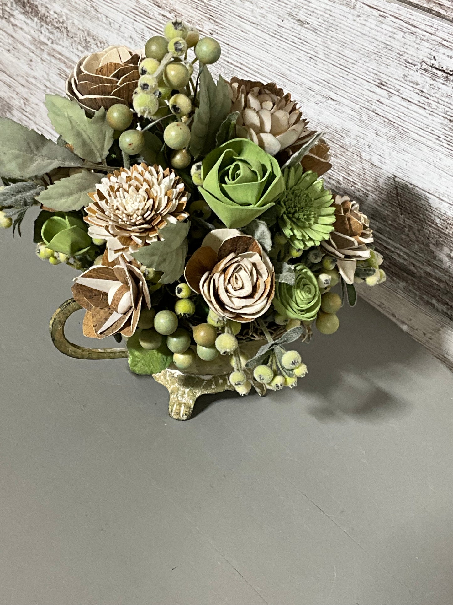 Vintage Succulent Bowl Arrangement - Mixed Green Wood Flowers in Antique Brass Footed Bowl