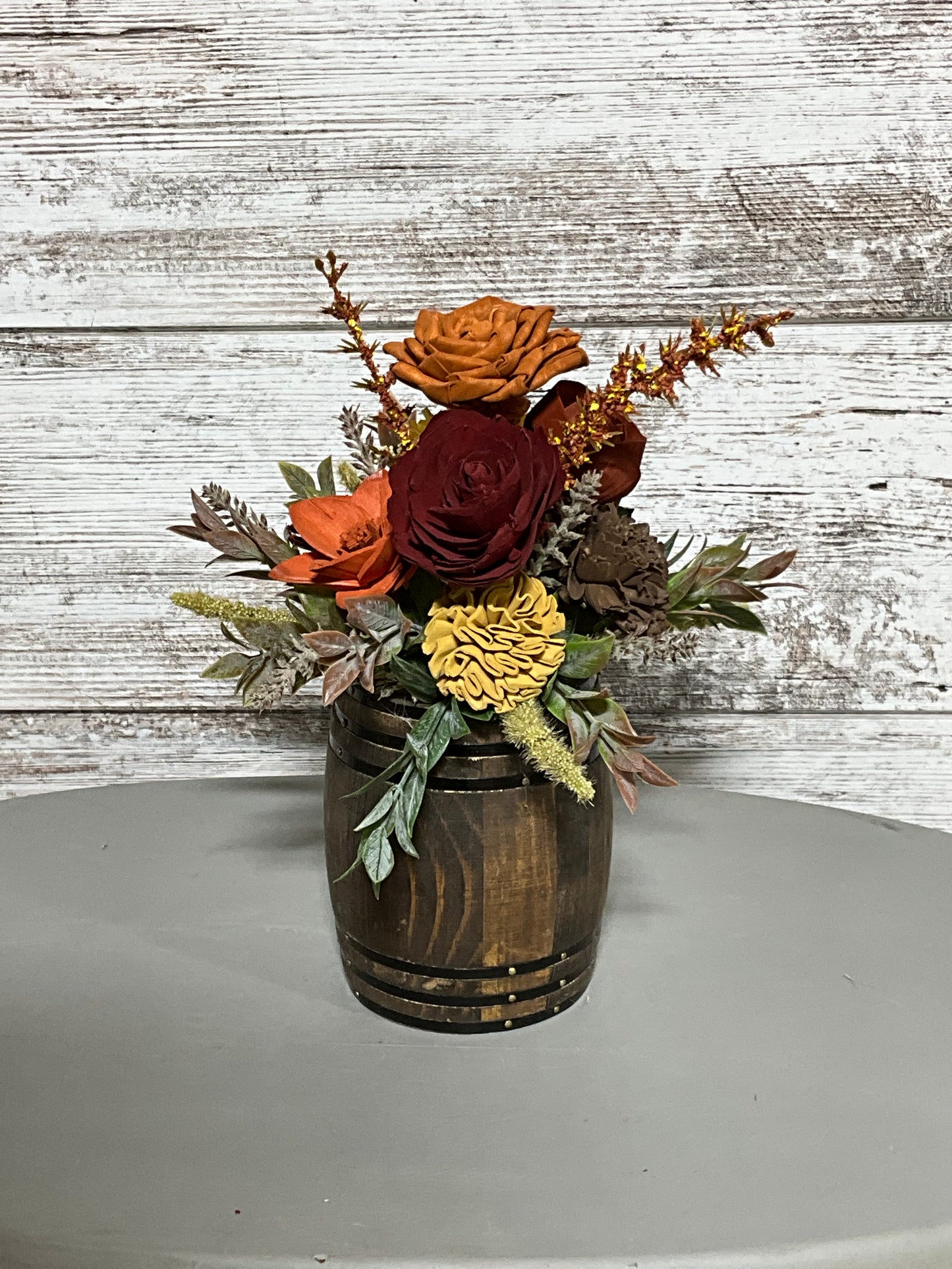 Autumn Dark Barrel Centerpiece | Rich Fall Roses & Foliage Display