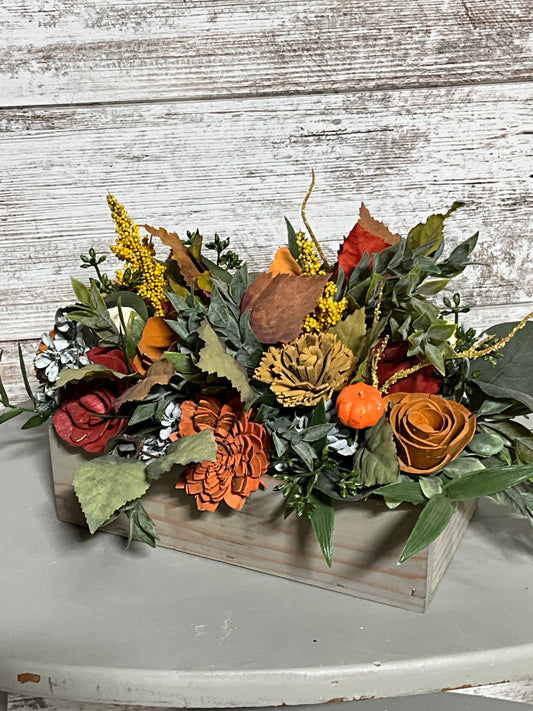 Autumn Harvest Wooden Box Arrangement | Fall Centerpiece Decor