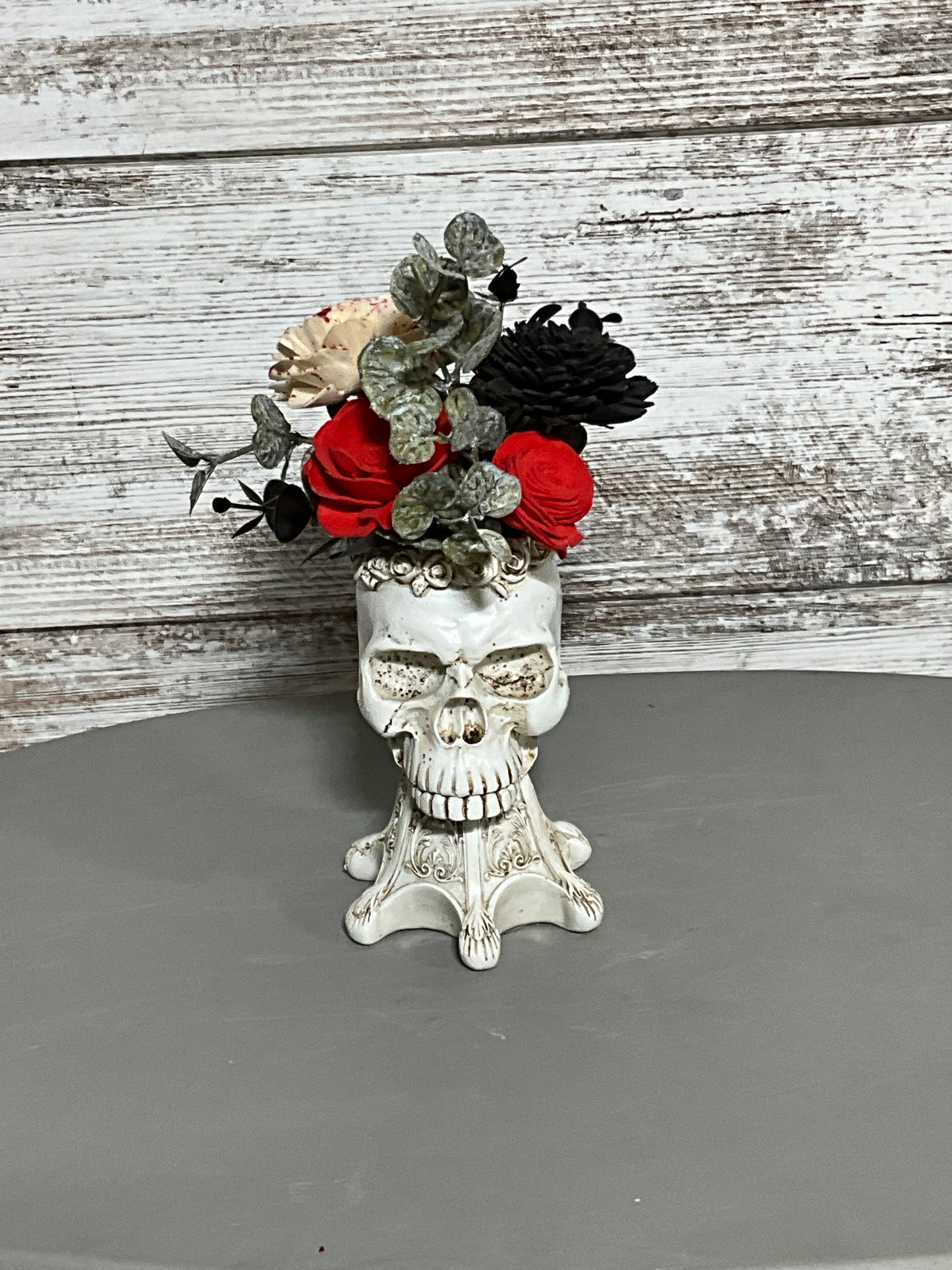 Victorian Gothic Skull Vase Halloween Decor | Ornate Floral Arrangement