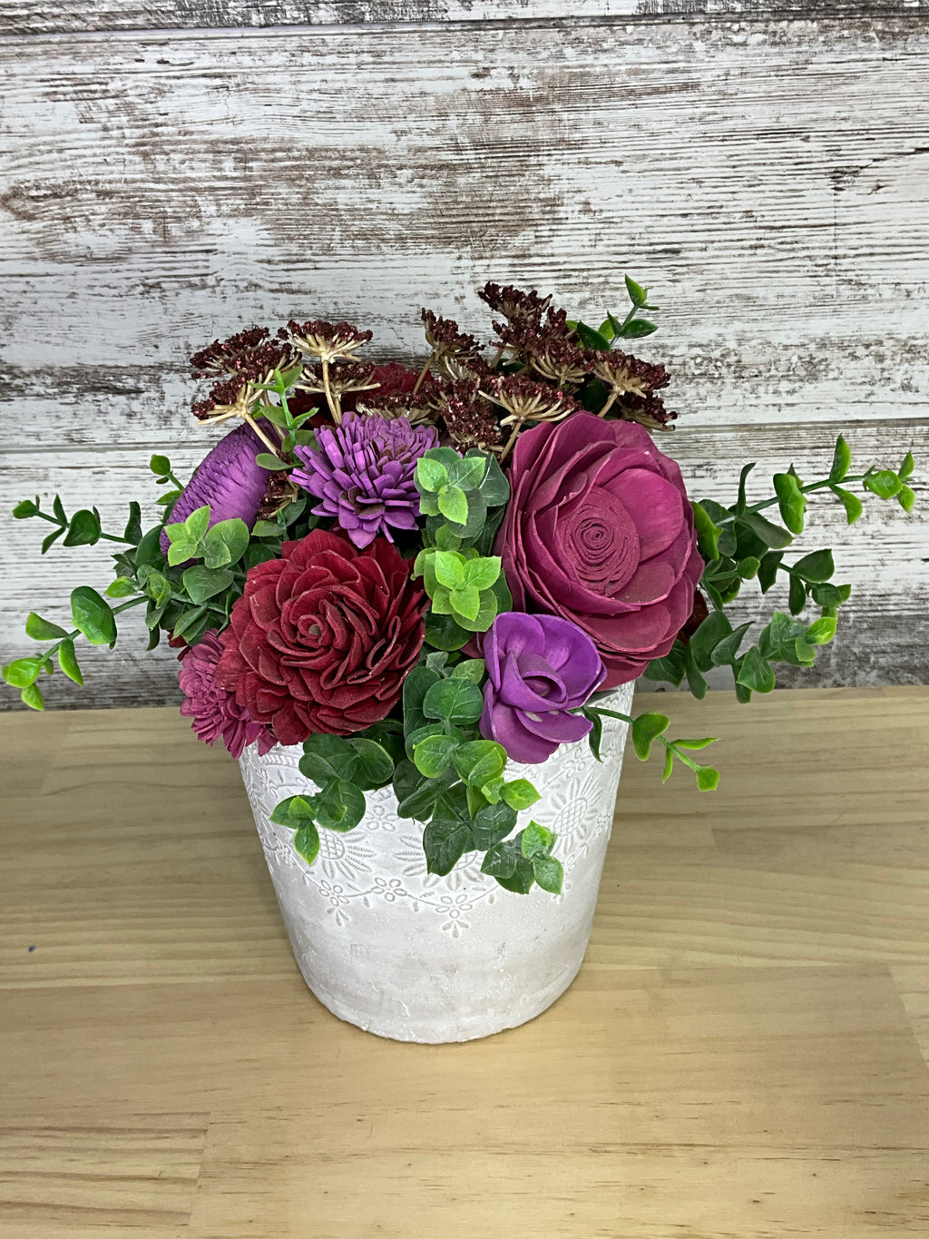 White Lace Pot Sola Wood Arrangement – Burgundy, Plum & Purple | Sola ...