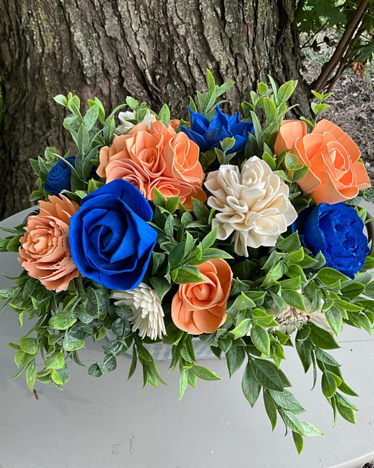 Rustic Wooden Flower Bouquet - Blue & Peach Mixed Floral Arrangement in Vintage Galvanized Container