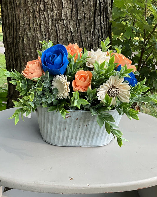 Rustic Wooden Flower Bouquet - Blue & Peach Mixed Floral Arrangement in Vintage Galvanized Container