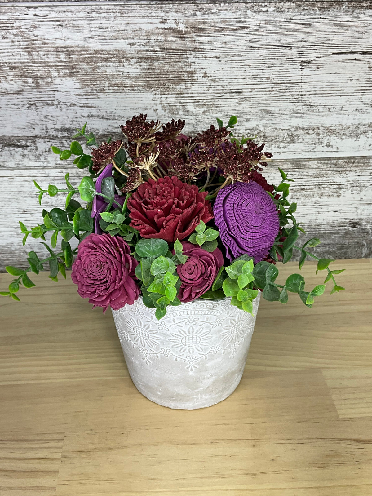White Lace Pot Sola Wood Arrangement – Burgundy, Plum & Purple | Sola ...
