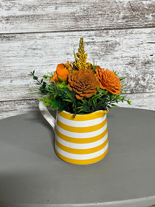 Honey Bee Striped Pitcher Wooden Flowers | Yellow Farmhouse Decor | Kitchen