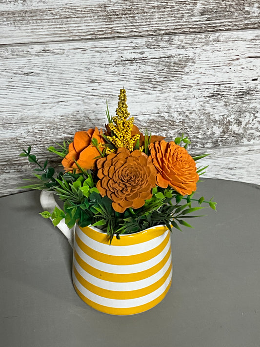 Honey Bee Striped Pitcher Wooden Flowers | Yellow Farmhouse Decor | Kitchen