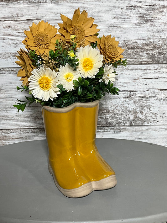 Yellow Rain Boot Wooden Flower Arrangement | Spring Sunflowers | Garden Decor