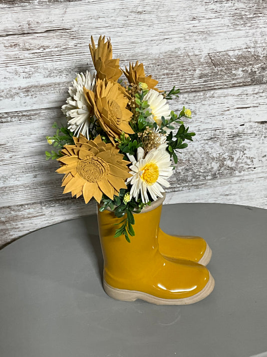 Yellow Rain Boot Wooden Flower Arrangement | Spring Sunflowers | Garden Decor
