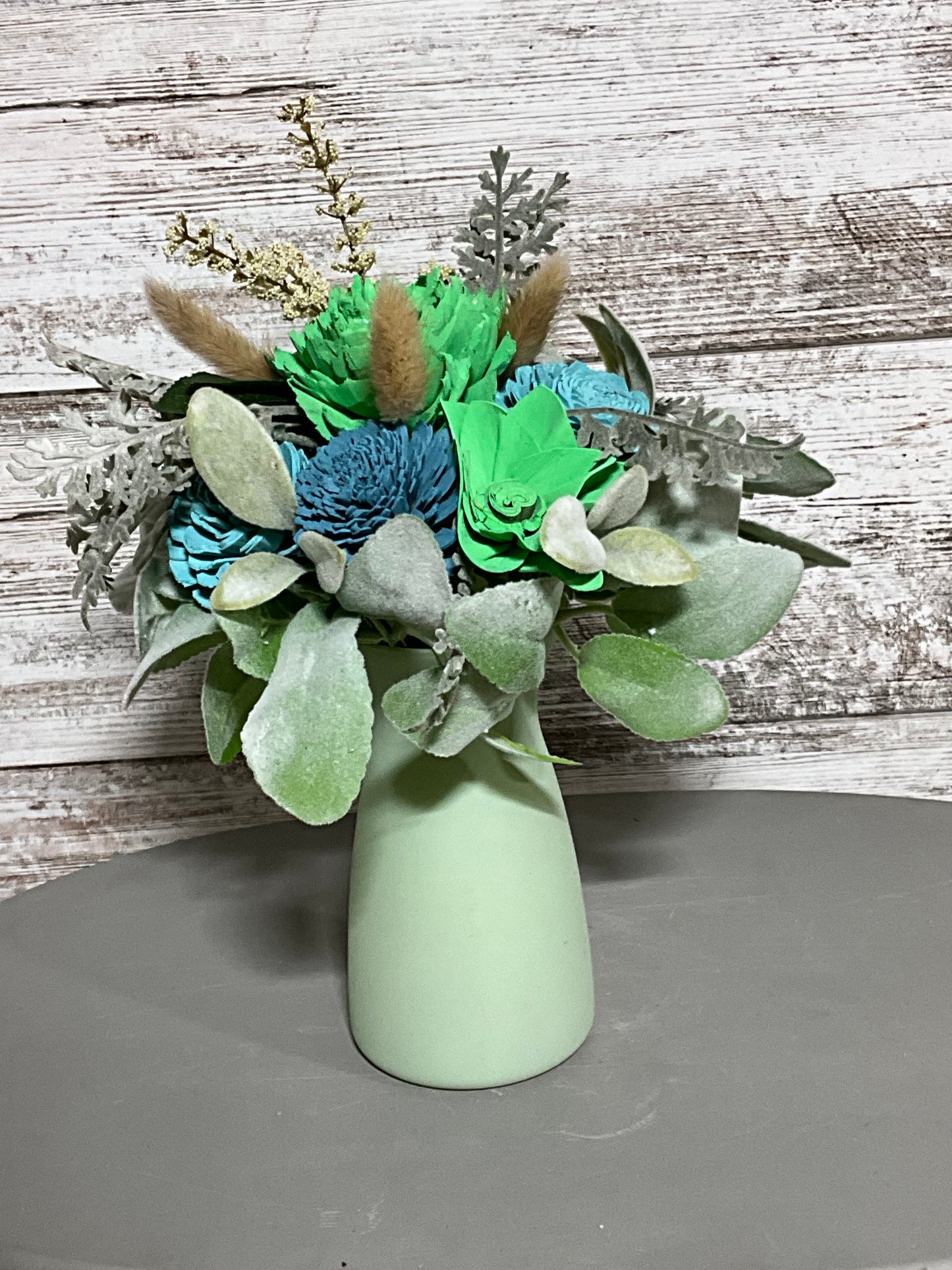 Spring Meadow Wooden Flower Arrangement | Mint Green Vase | Bright Home Decor