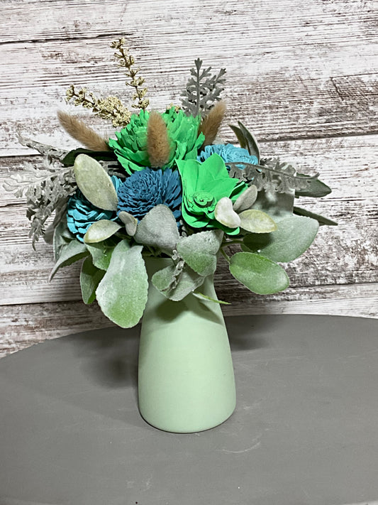 Spring Meadow Wooden Flower Arrangement | Mint Green Vase | Bright Home Decor