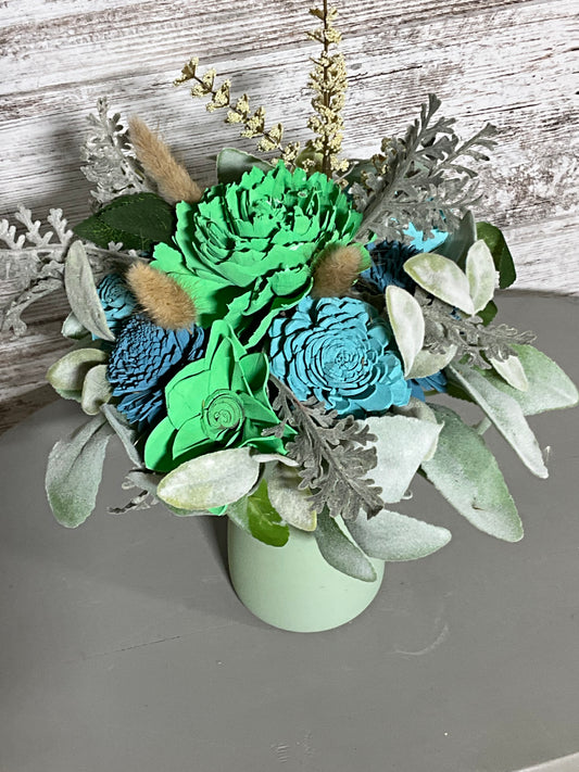 Spring Meadow Wooden Flower Arrangement | Mint Green Vase | Bright Home Decor