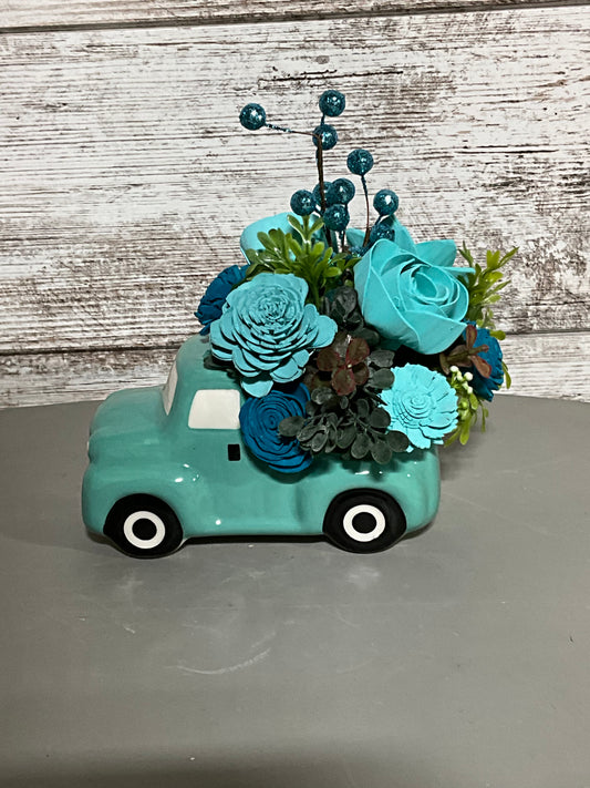 Vintage teal Green Truck Wooden Flower Arrangement with Navy Accents