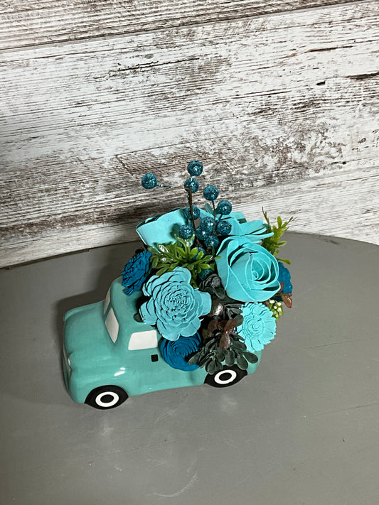 Vintage teal Green Truck Wooden Flower Arrangement with Navy Accents