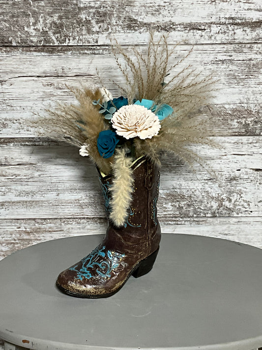 Cowboy Boot Wooden Flower Arrangement | Western Decor | Turquoise Accents