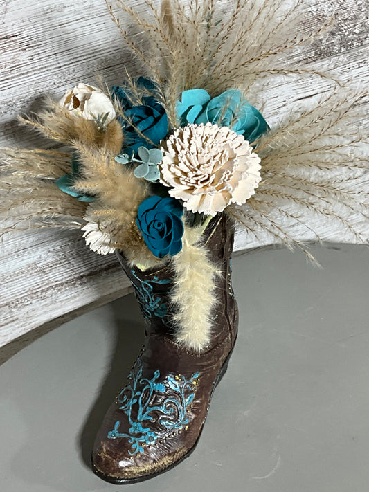 Cowboy Boot Wooden Flower Arrangement | Western Decor | Turquoise Accents