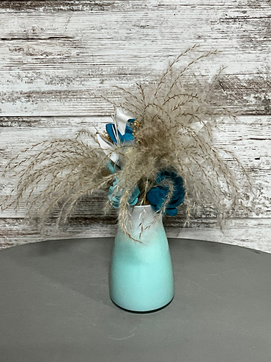 Coastal Blue Wooden Flower Arrangement | Sage Green Vase | Pampas Grass Decor