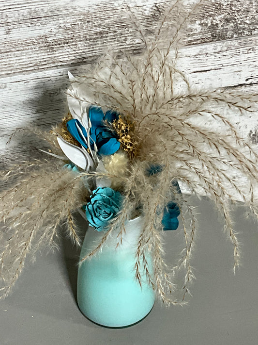 Coastal Blue Wooden Flower Arrangement | Sage Green Vase | Pampas Grass Decor
