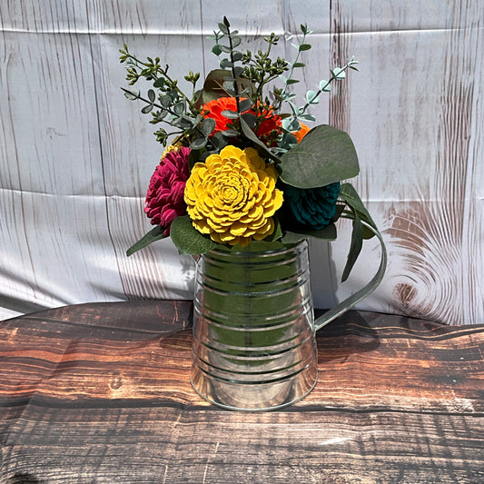 Bright Blooms Wooden Flower Arrangement in Vintage Tin Watering Pitcher | Spring Decor