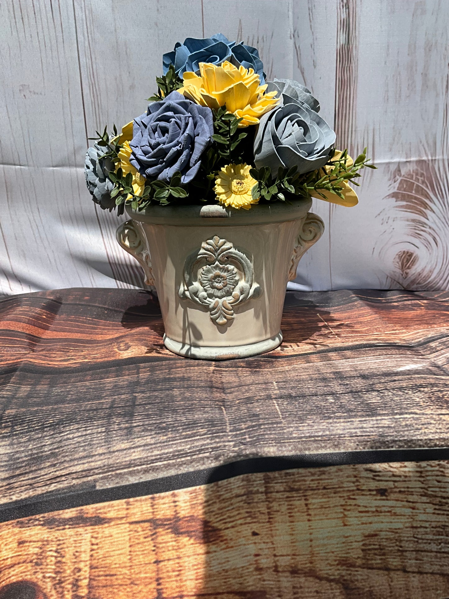 Sunshine & Slate – French Pot Wood Flower Arrangement