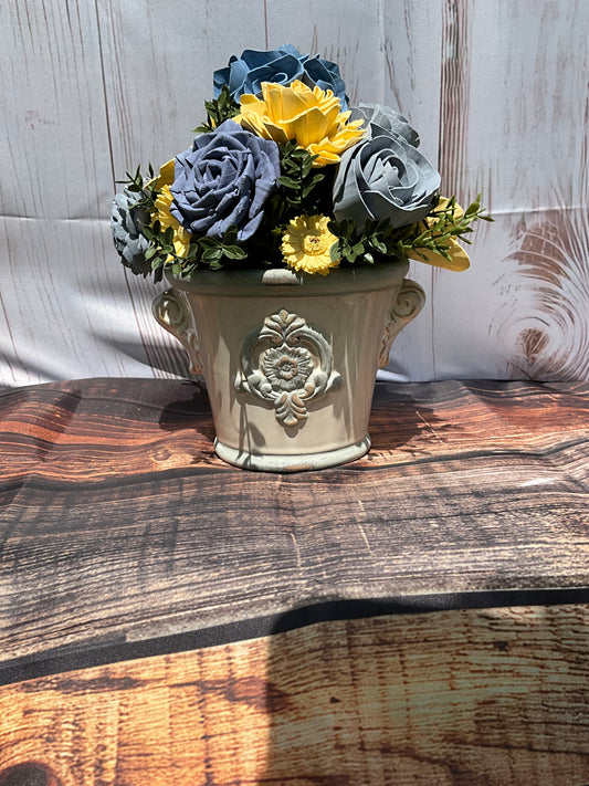 Sunshine & Slate – French Pot Wood Flower Arrangement