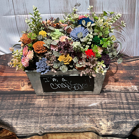 Rustic Bloom Wooden Flower Arrangement – Chalkboard Planter