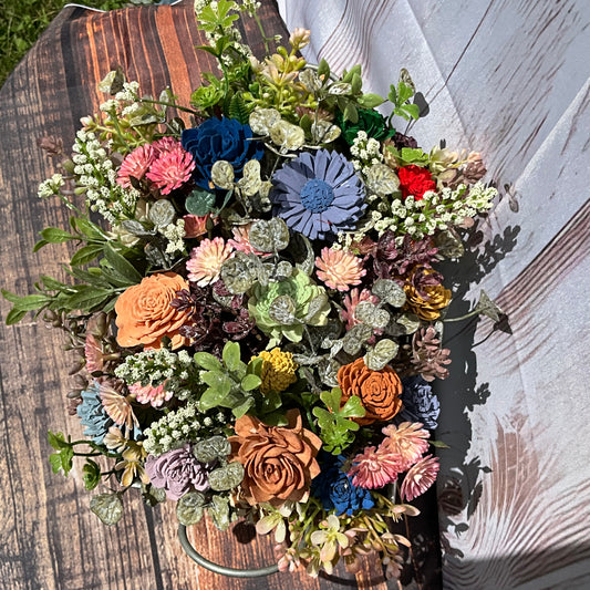 Rustic Bloom Wooden Flower Arrangement – Chalkboard Planter