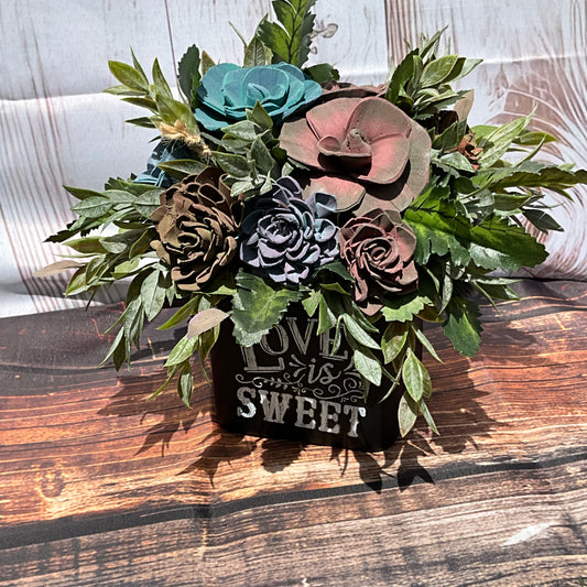 Love is Sweet" Rustic Wooden Flower Arrangement - Deep Earth Tones | Wedding Centerpiece | Home Decor