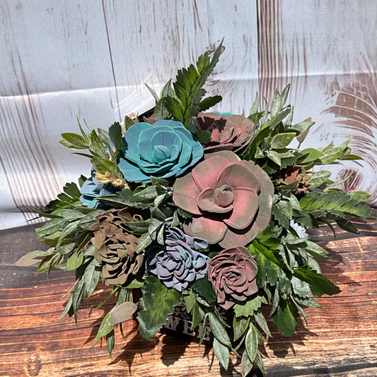 Love is Sweet" Rustic Wooden Flower Arrangement - Deep Earth Tones | Wedding Centerpiece | Home Decor