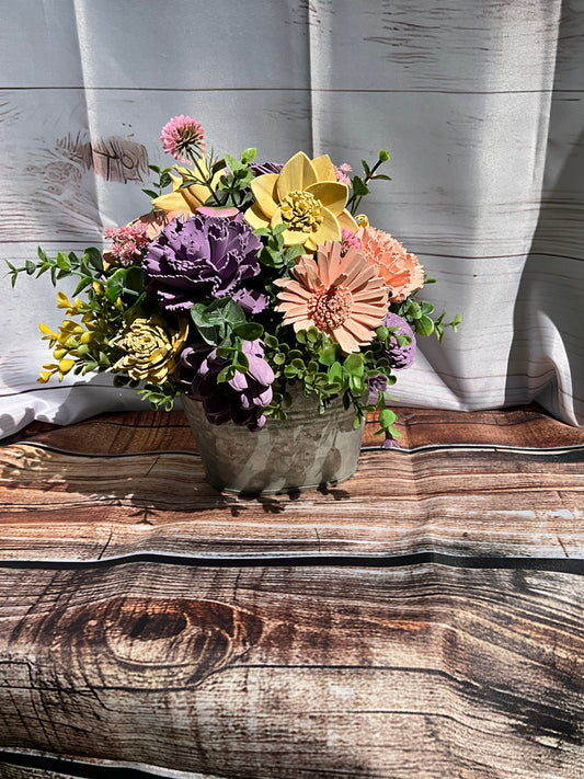 Pastel Charm Wooden Flower Arrangement – Spring Mix in Rustic Pot