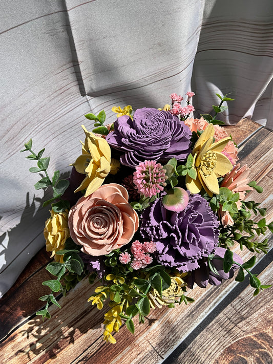 Pastel Charm Wooden Flower Arrangement – Spring Mix in Rustic Pot