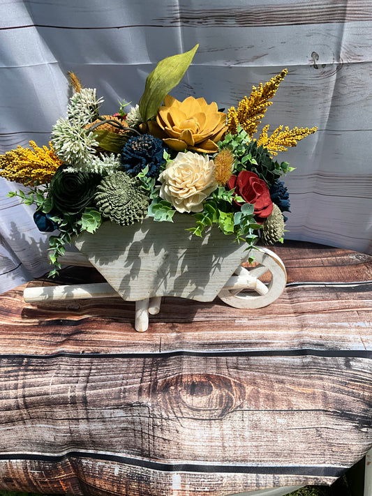 Rustic Wooden Wheelbarrow with Sola Wood Flowers – Autumn Mix