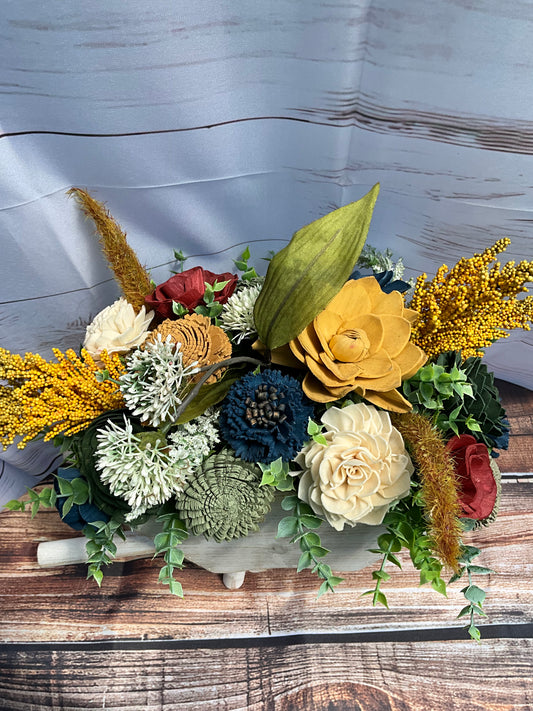 Rustic Wooden Wheelbarrow with Sola Wood Flowers – Autumn Mix