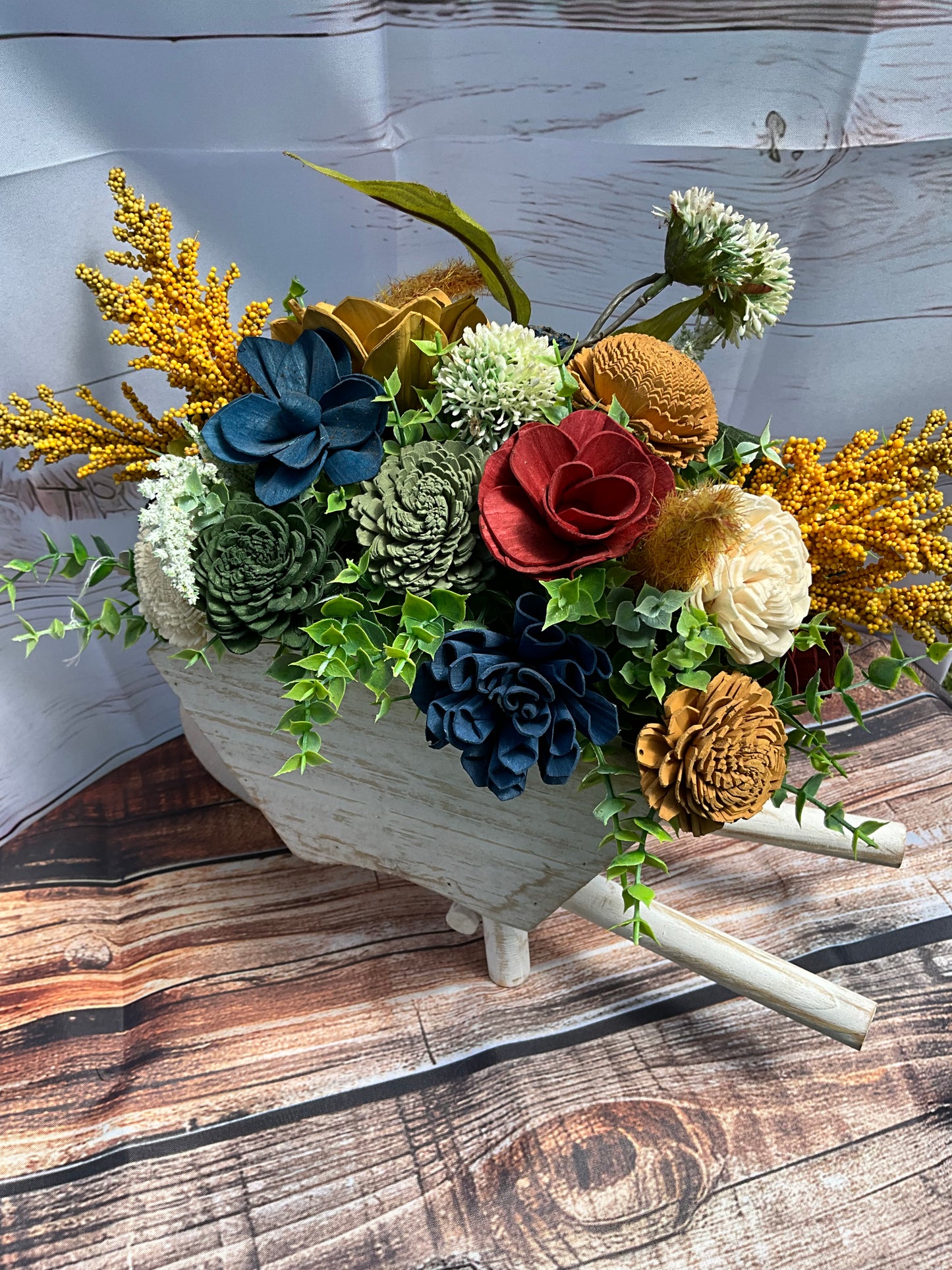 Rustic Wooden Wheelbarrow with Sola Wood Flowers – Autumn Mix